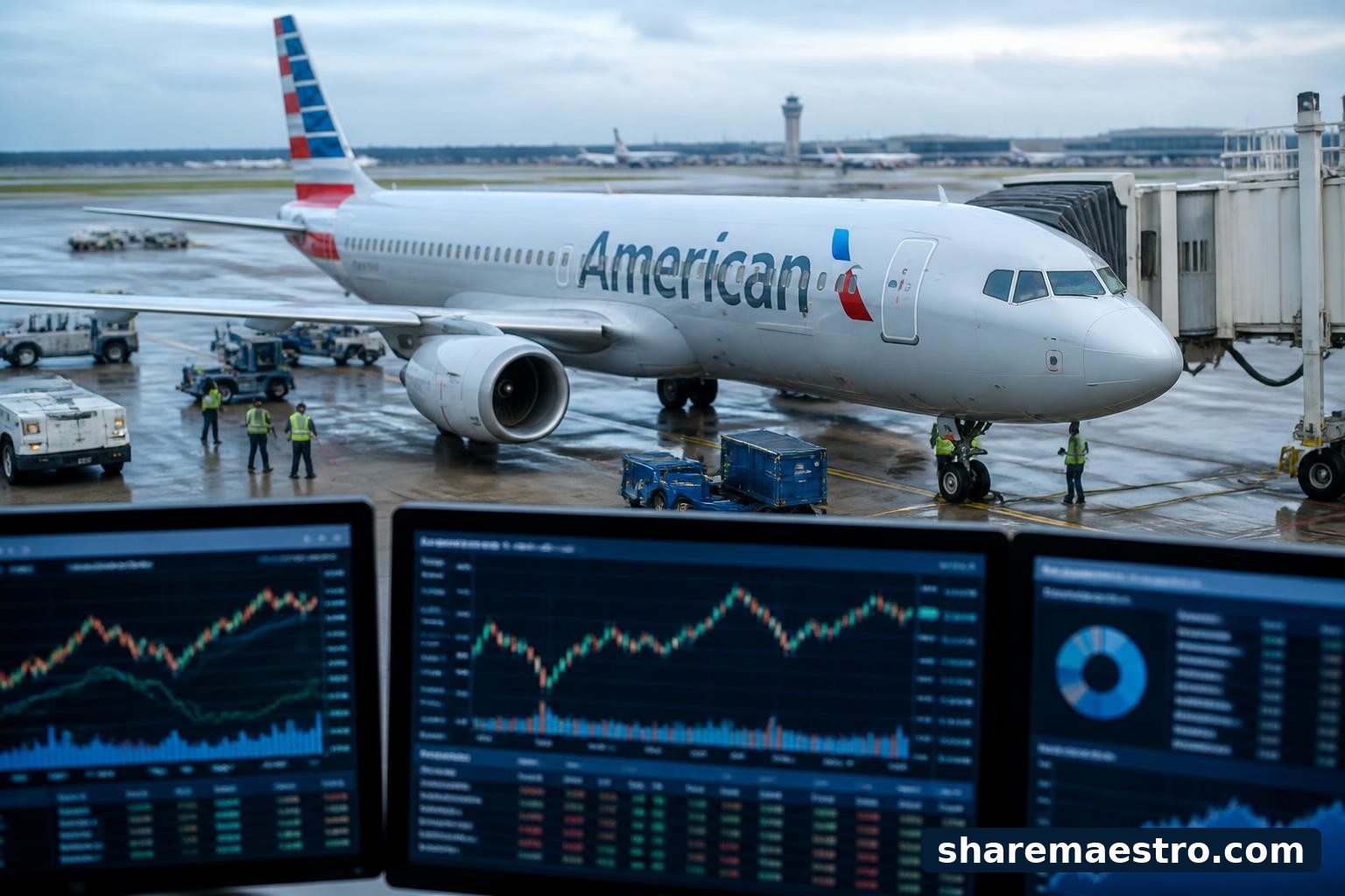 American Airlines aircraft at an airport gate with a financial data terminal in the foreground.