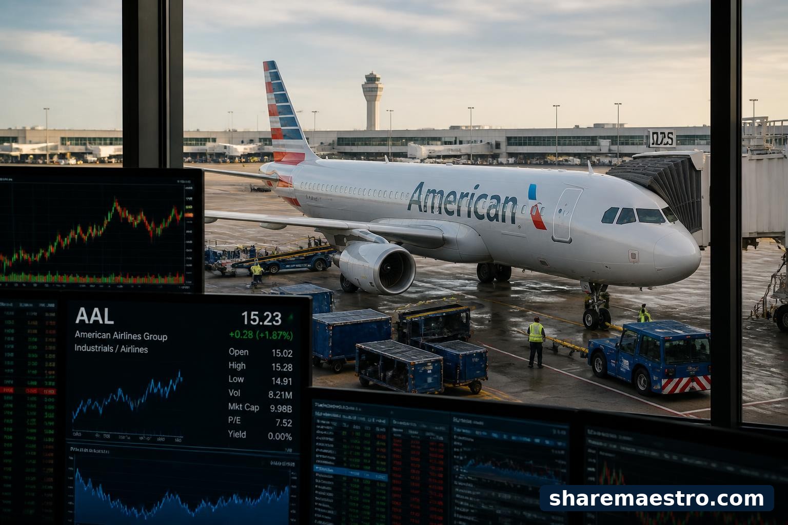 American Airlines jet at an airport gate with market data screens representing active airline stock trading.