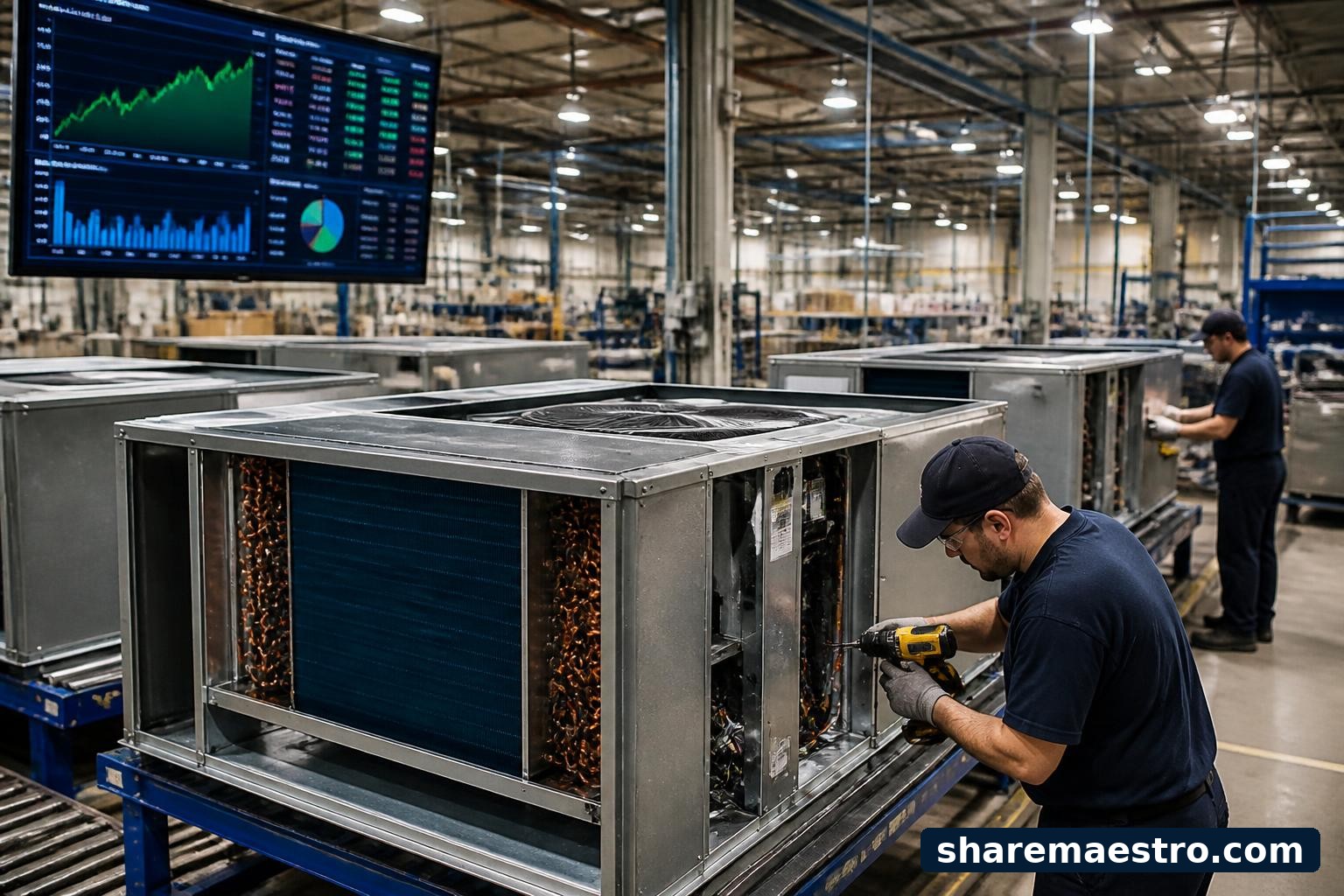 Commercial HVAC equipment in an industrial manufacturing facility with market data screens.