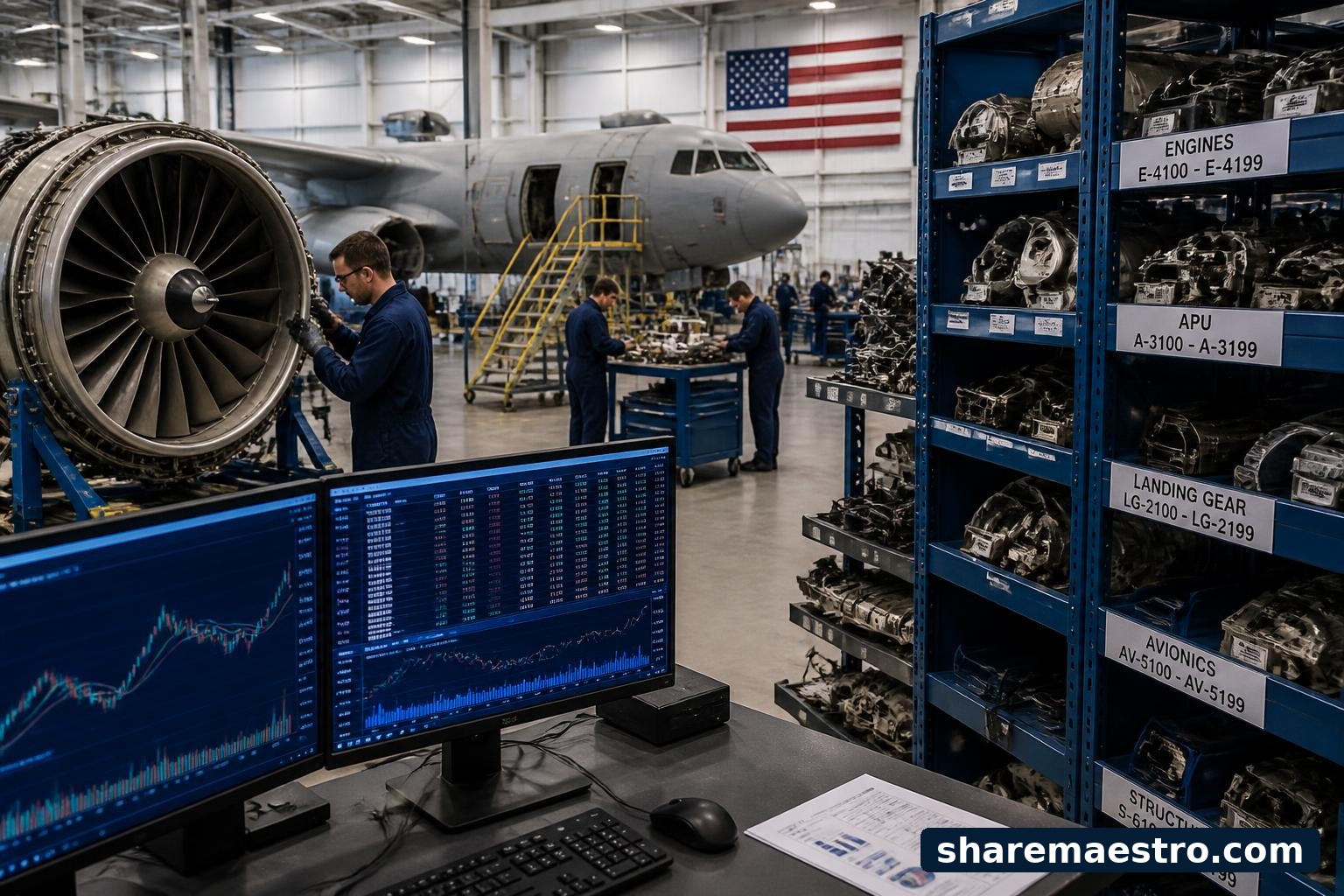 Aircraft maintenance and aviation parts facility with a market-data terminal, representing AAR Corp earnings watch.