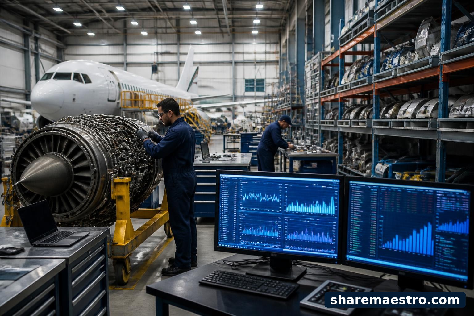 Aircraft maintenance hangar with aerospace components and a market-data terminal.