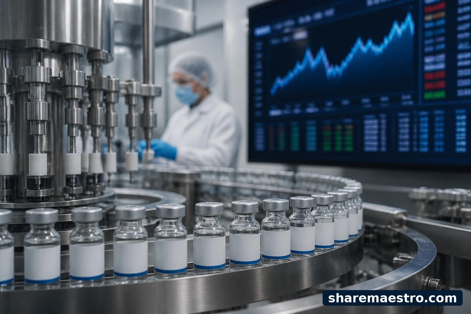 AbbVie pharmaceutical manufacturing equipment with market data screens in a healthcare finance setting.