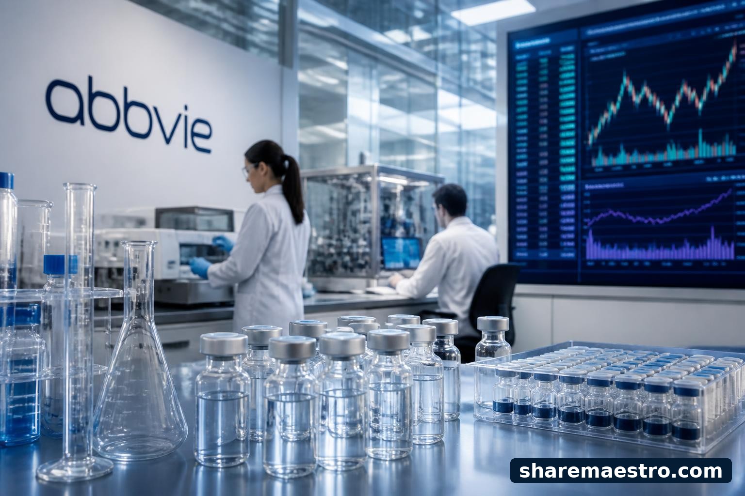 Biopharmaceutical laboratory and market-data screen representing AbbVie insider activity and weekly stock context.