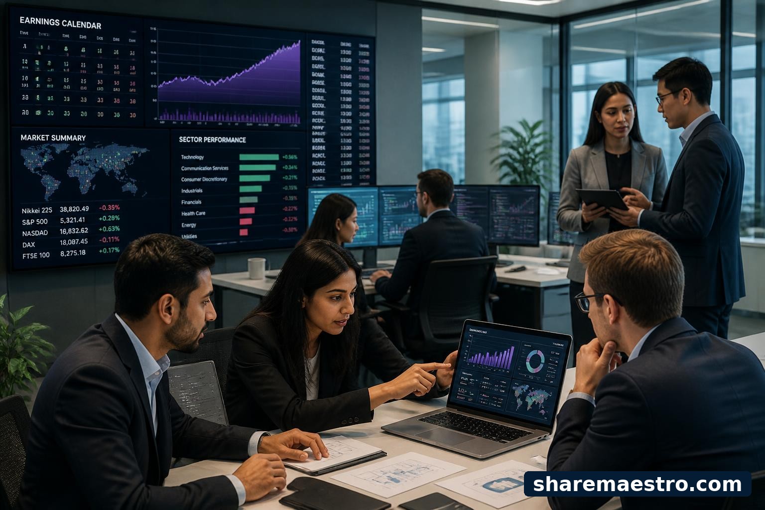 Accenture technology-services professionals reviewing financial and data dashboards ahead of earnings.