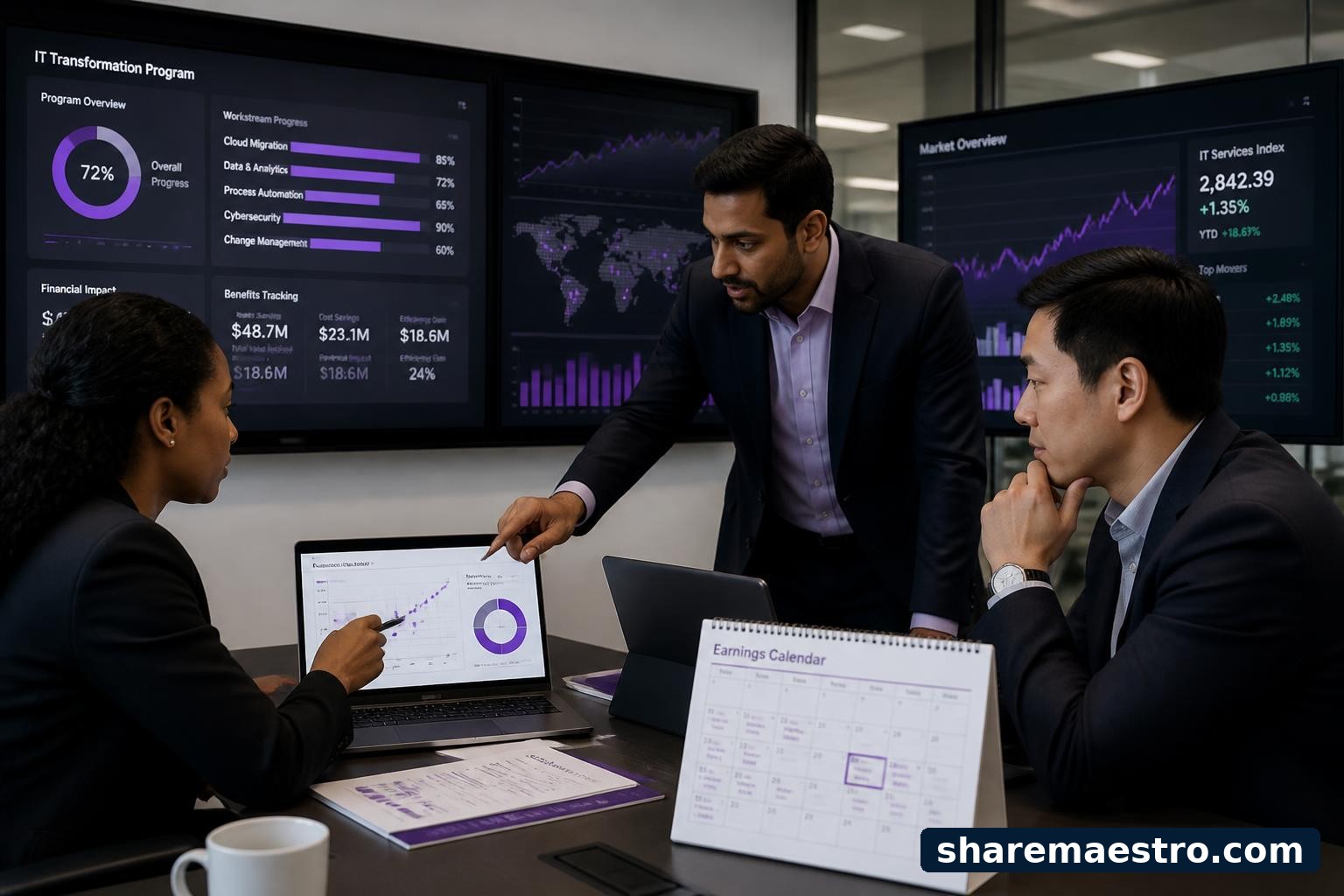 Enterprise IT consultants review software dashboards and market data ahead of Accenture earnings.