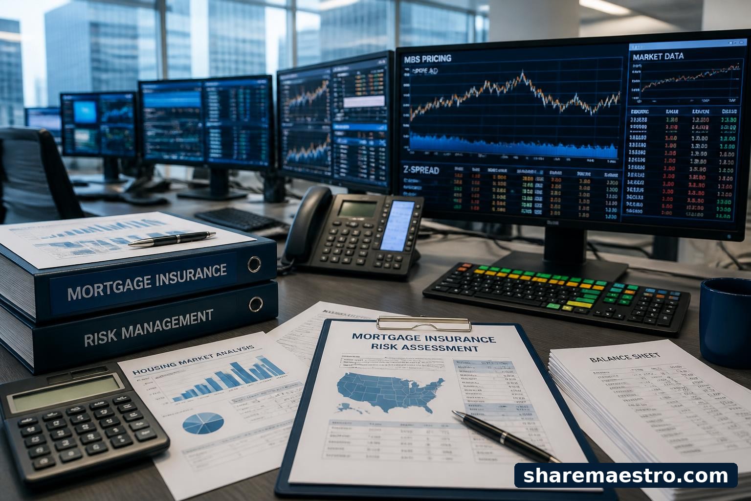 Mortgage insurance documents and market data terminal representing Enact Holdings ahead of earnings.