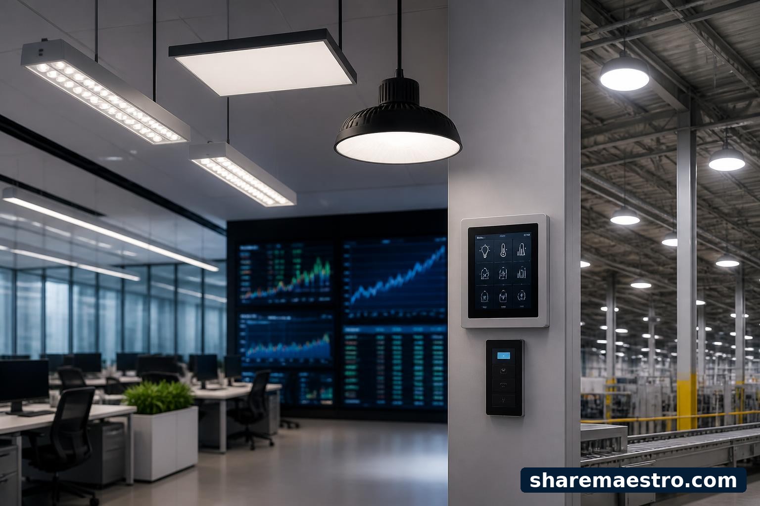 Commercial LED lighting and building-management controls in a modern facility with market data screens in the background.