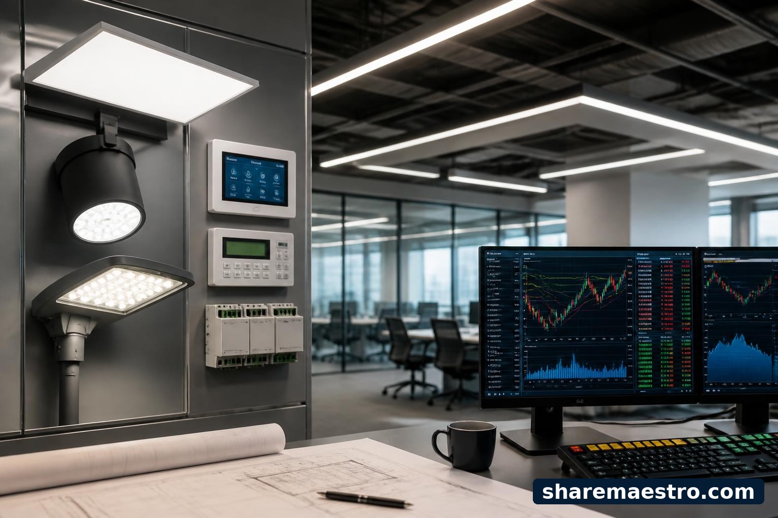 Commercial lighting fixtures and building control panels beside a financial market terminal.