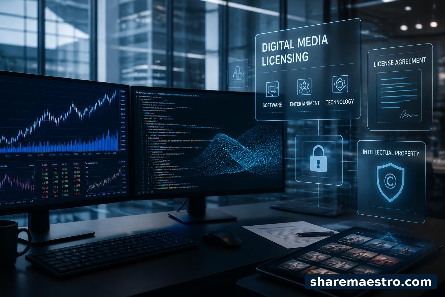 Finance desk visual showing software licensing and digital media interface elements for Adeia earnings coverage.