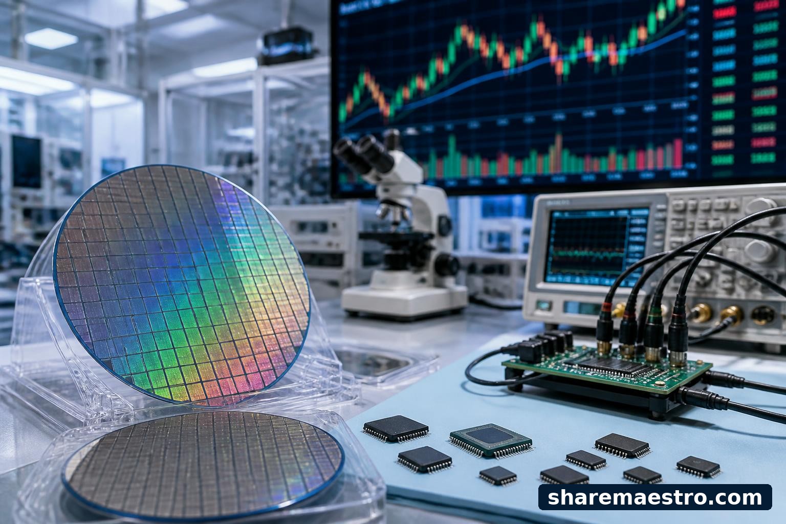 Semiconductor wafers and analog chips with a market data screen in the background.