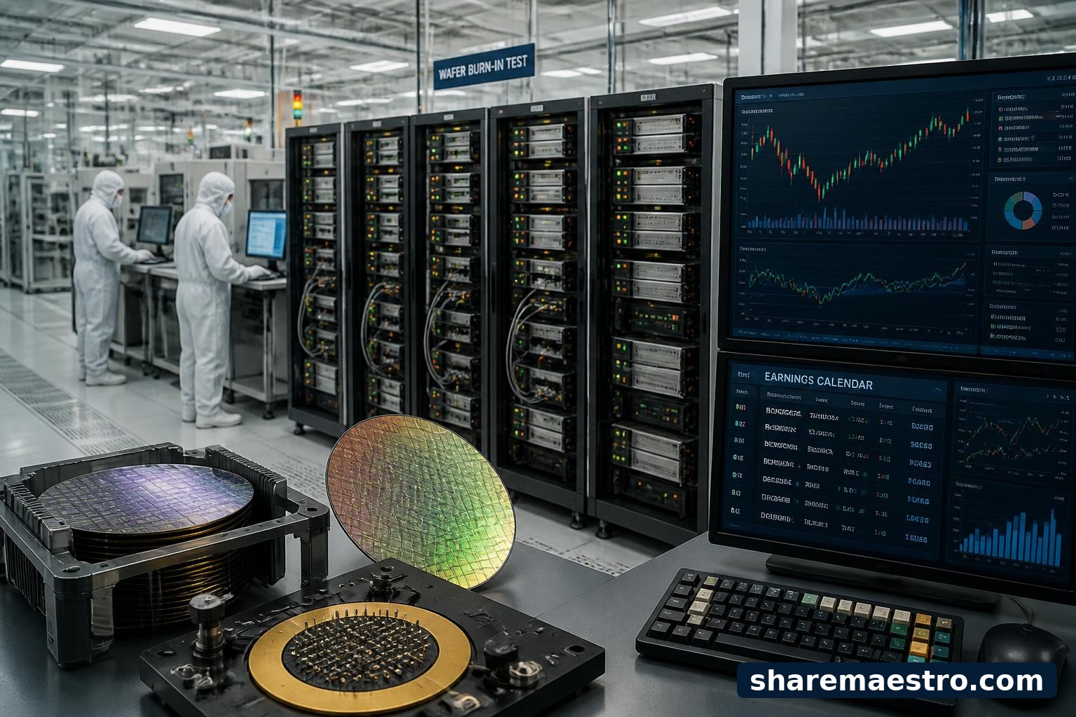 Semiconductor test equipment and wafer burn-in systems in a cleanroom with financial market screens nearby.