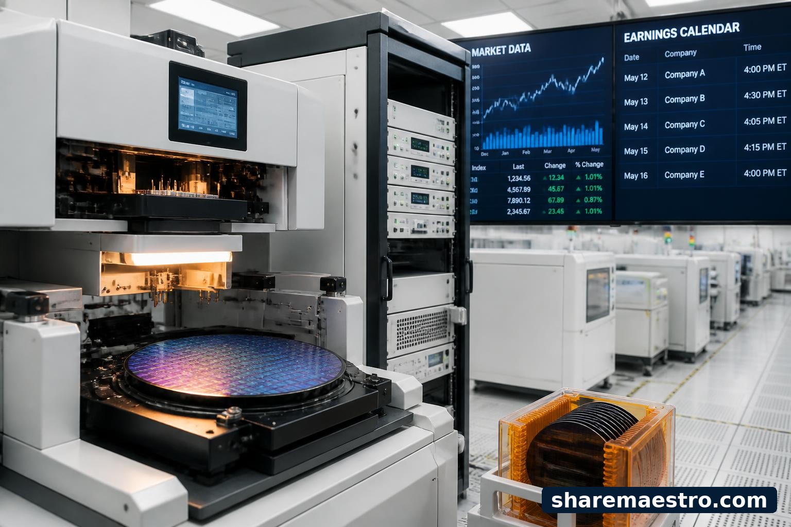Semiconductor wafer test equipment with a market data screen and earnings calendar in the background.