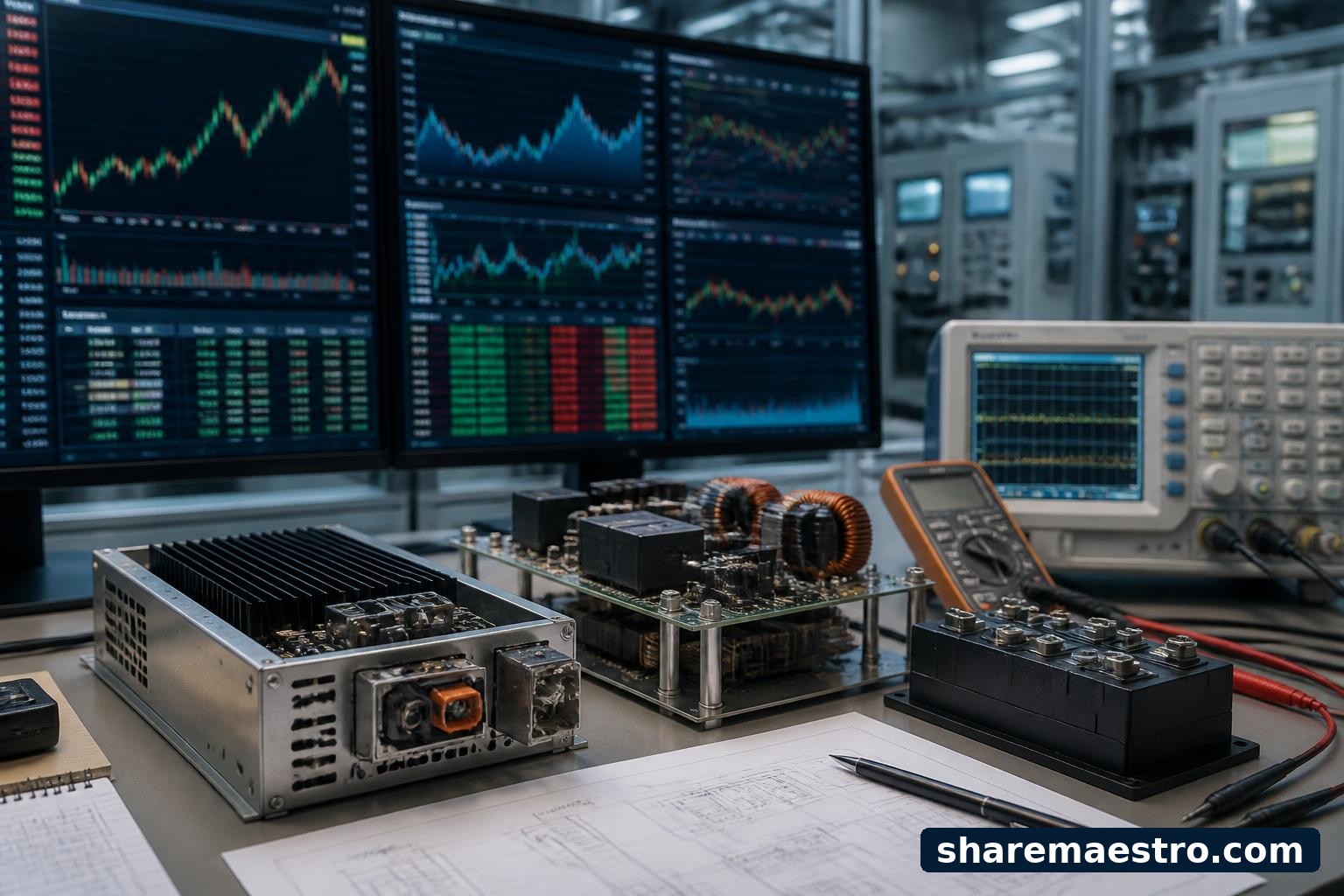 Precision energy conversion equipment beside a market data terminal ahead of earnings.