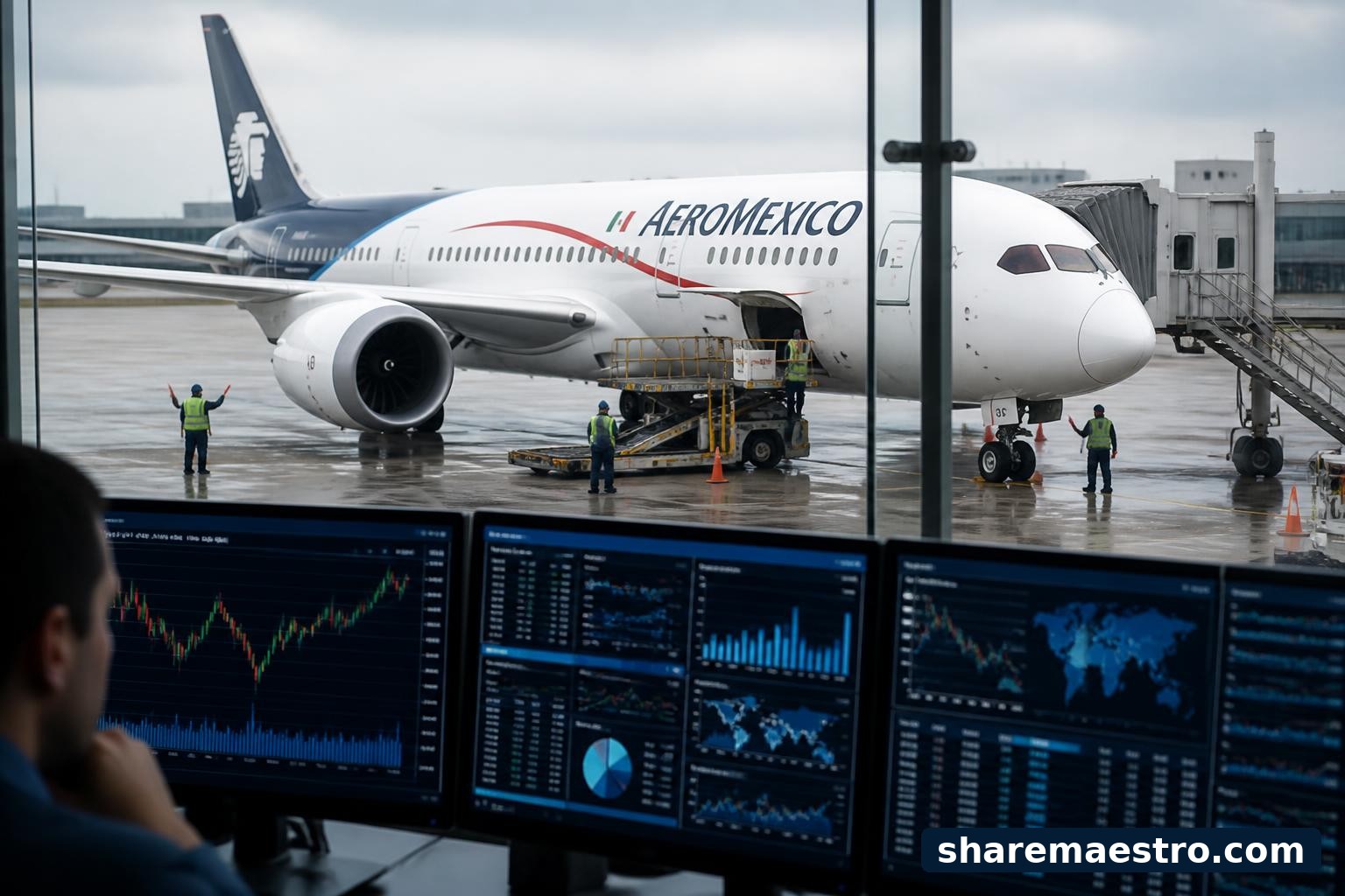 Passenger aircraft at an airport gate with financial market screens in the foreground.