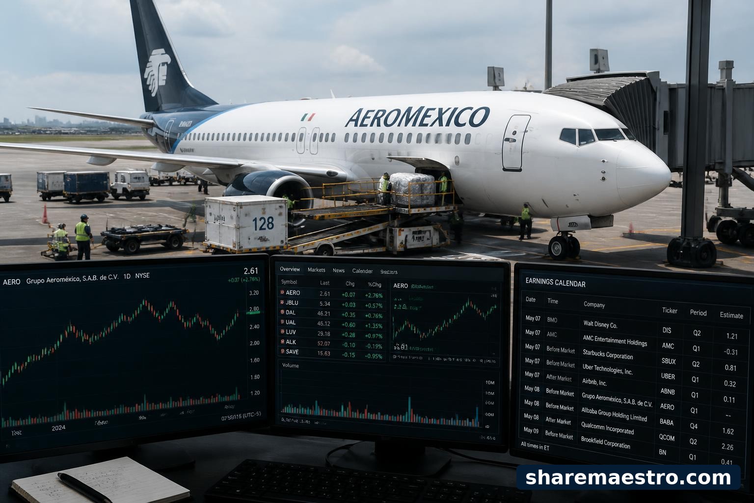 Airline earnings watch visual with a passenger aircraft at an airport gate and market data screens.