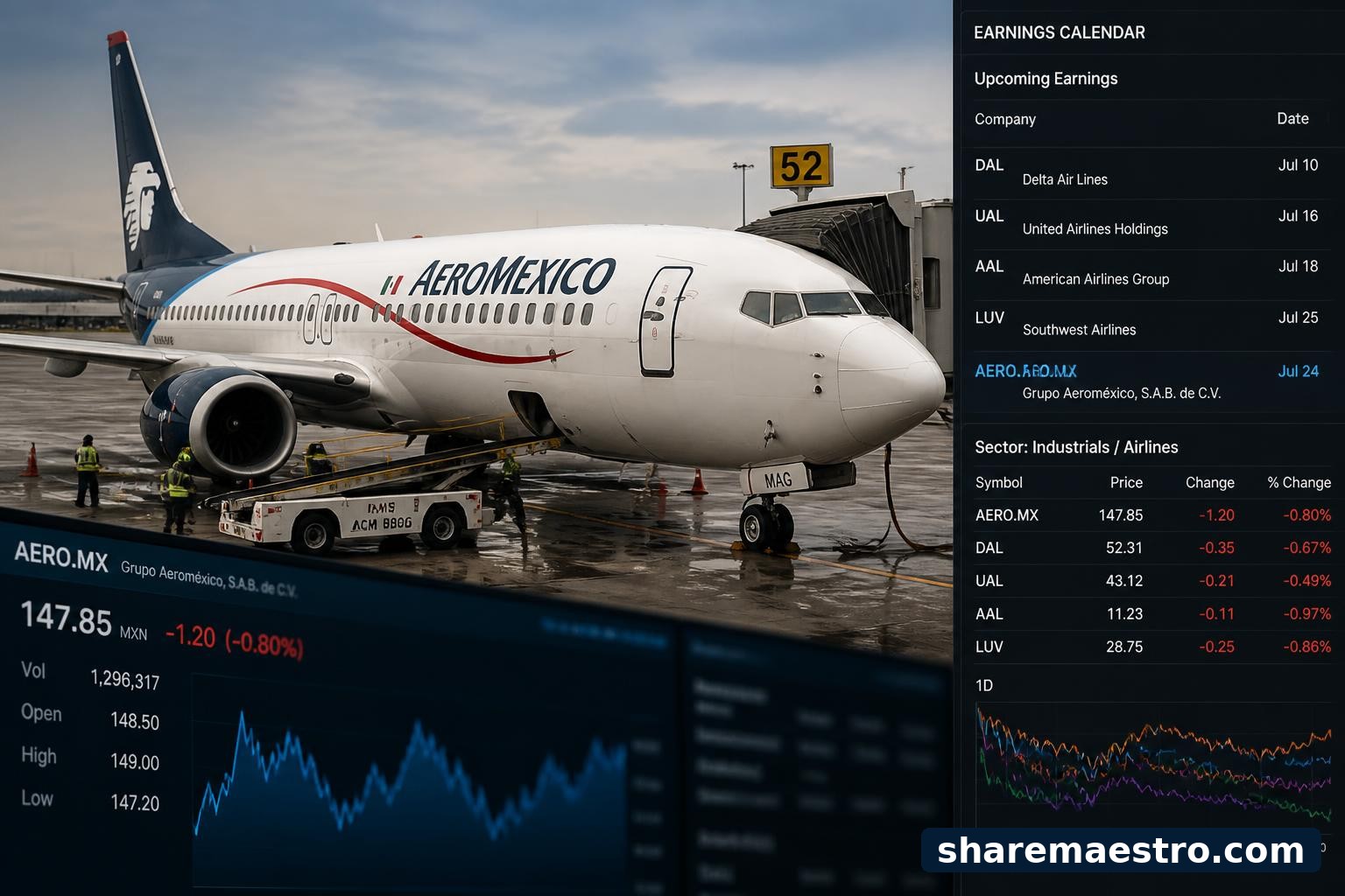 Aeroméxico passenger aircraft at an airport gate with market data and earnings calendar visuals.