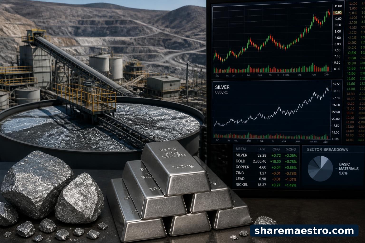 Silver mining and processing equipment with silver bars and a market data screen for First Majestic earnings context.