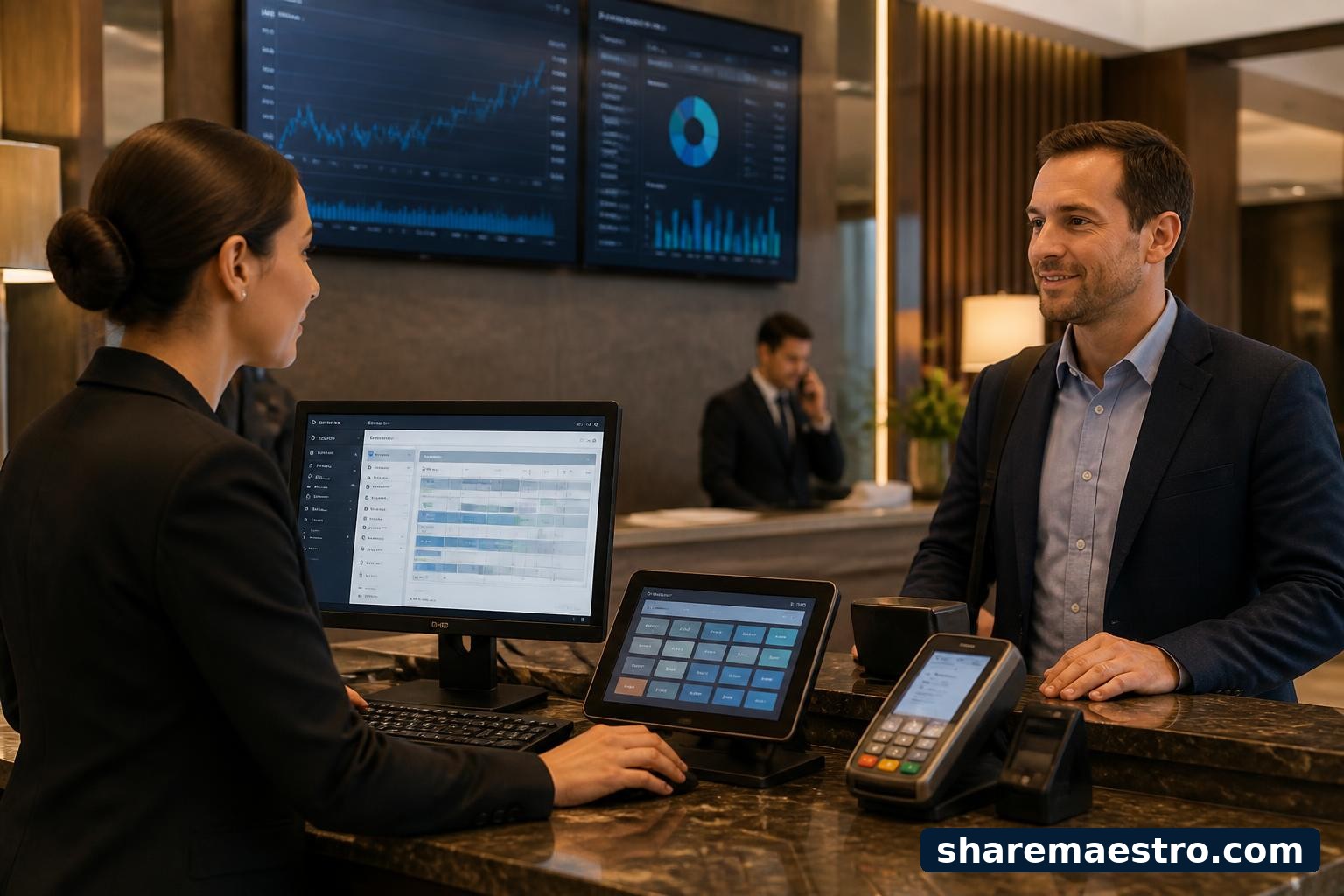 Hotel front desk software terminal with market data screens representing Agilysys earnings coverage.