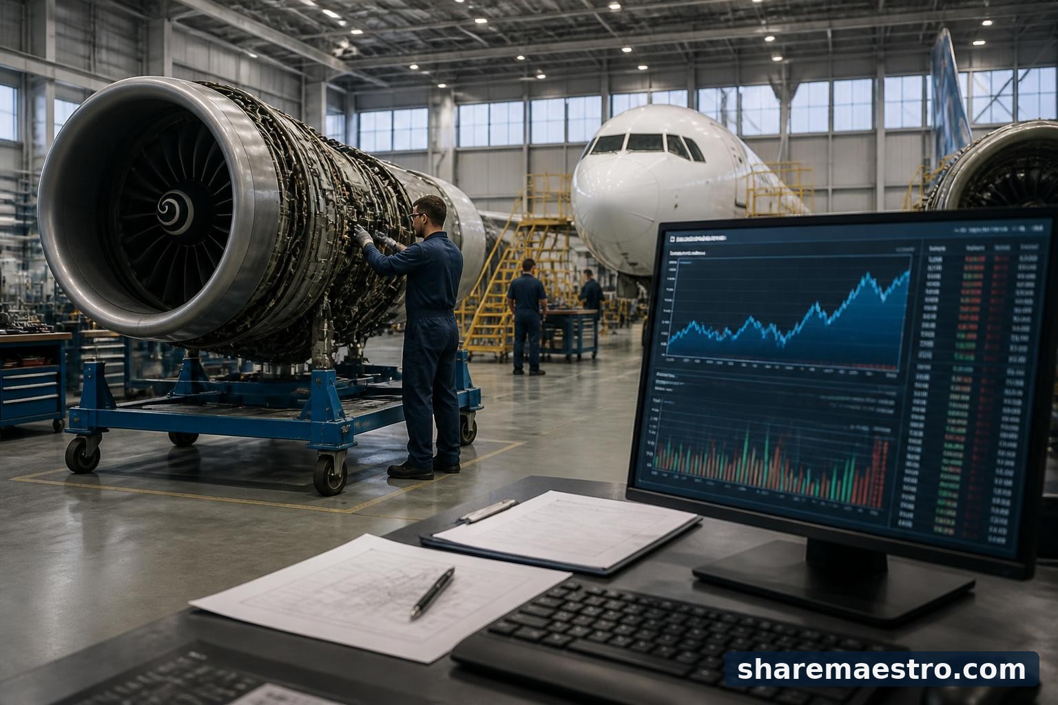 AAR Corp aviation maintenance setting with aircraft components and financial market data screens.