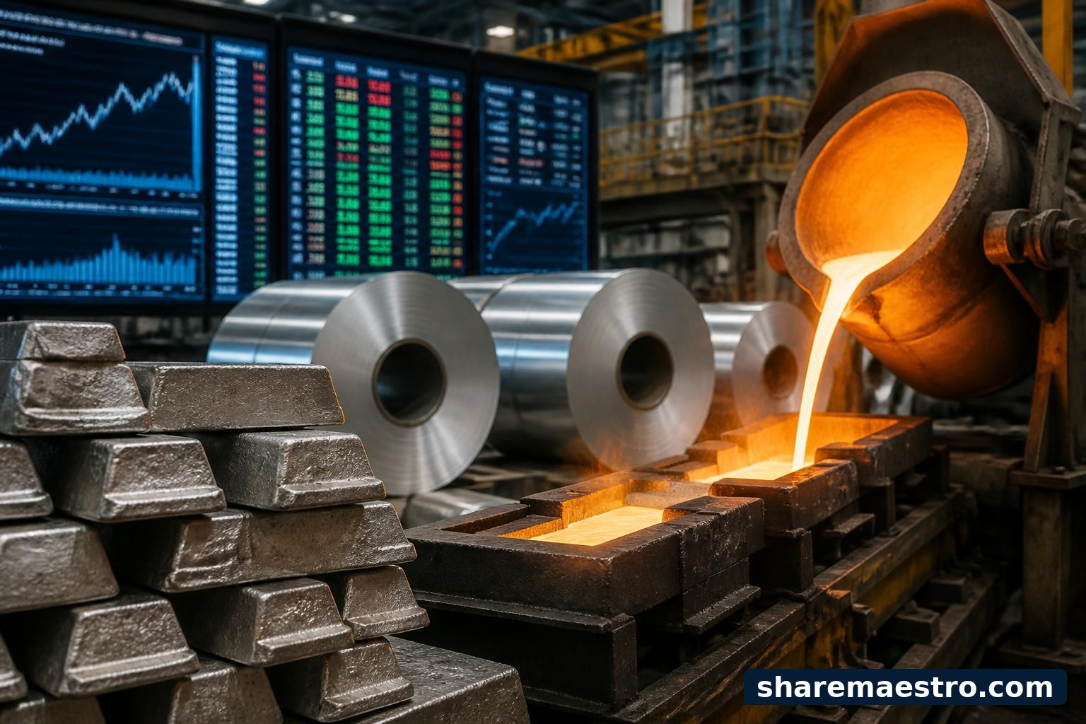Aluminum production facility with ingots, coils, and financial market screens representing Alcoa earnings context.