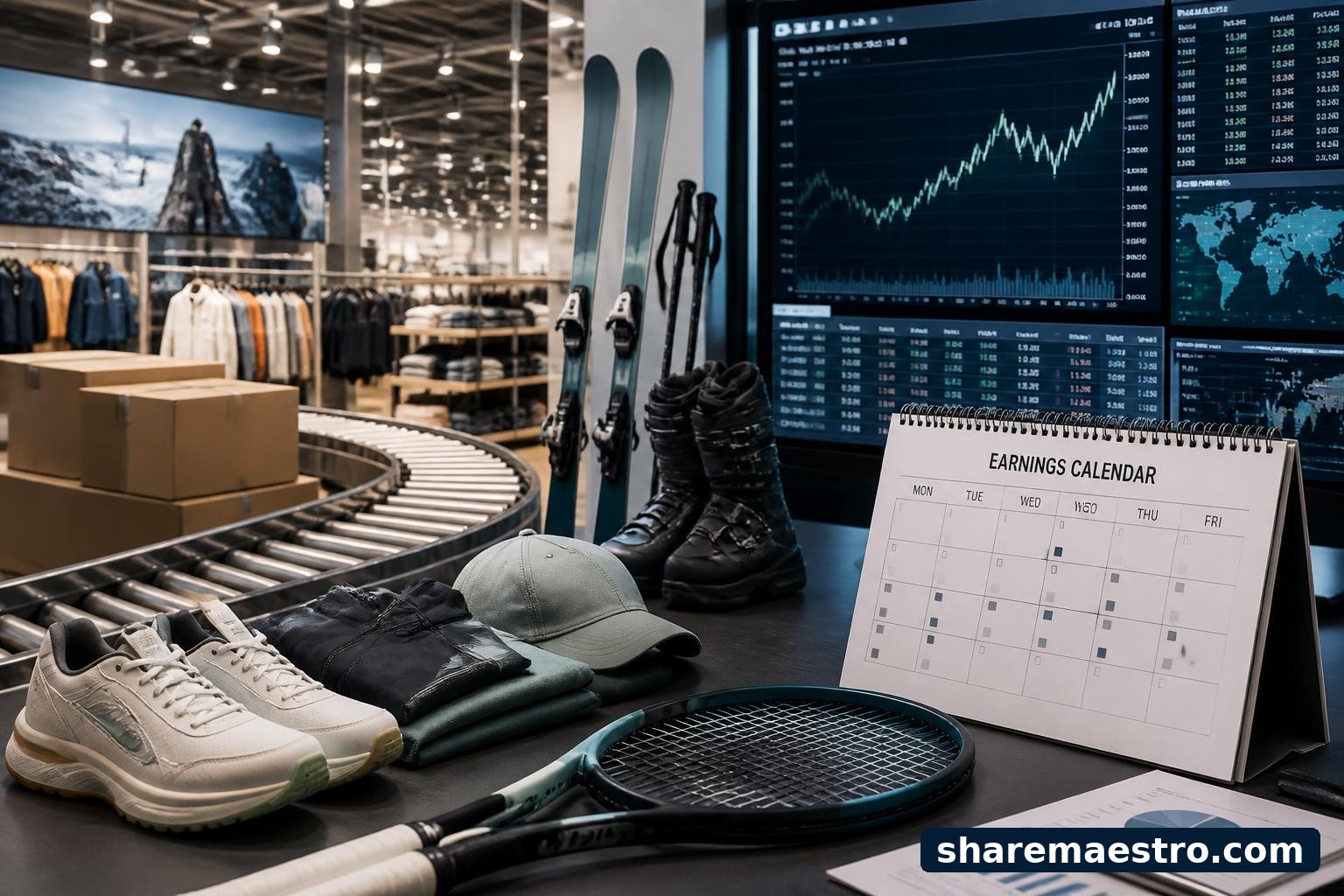 Sports equipment and apparel displayed beside an earnings calendar and market data screen.