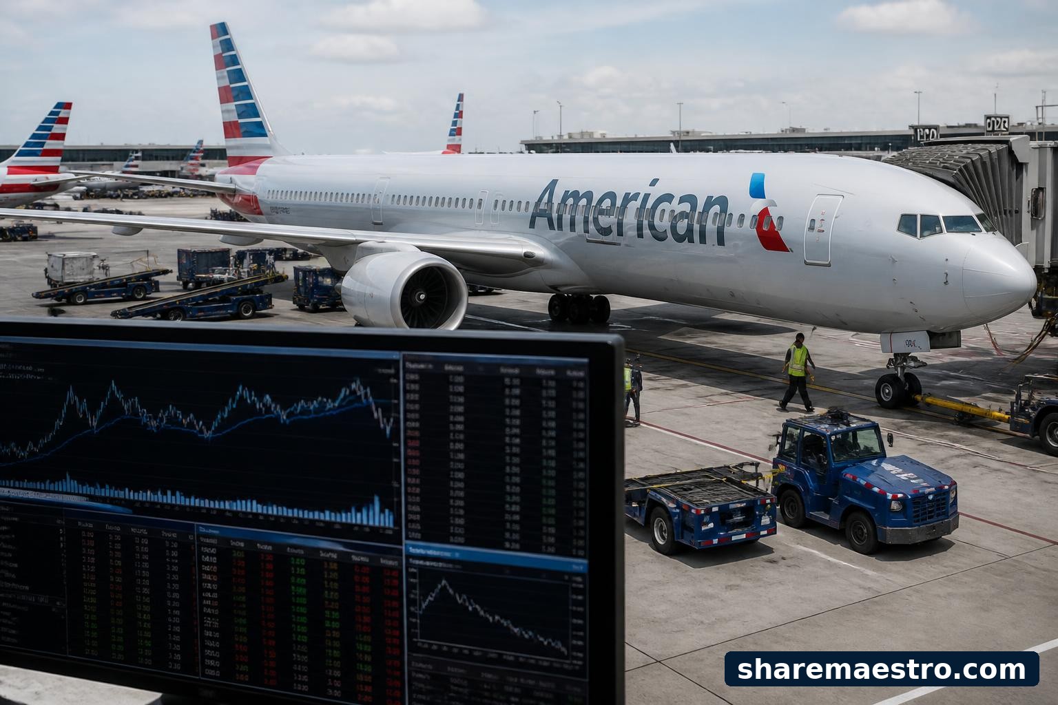 American Airlines jets at airport gates with market data displayed nearby.