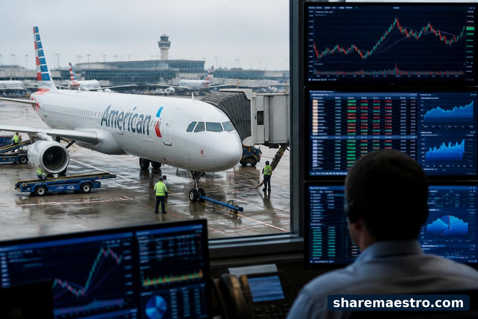 American Airlines aircraft at an airport gate with market-data screens in the foreground.