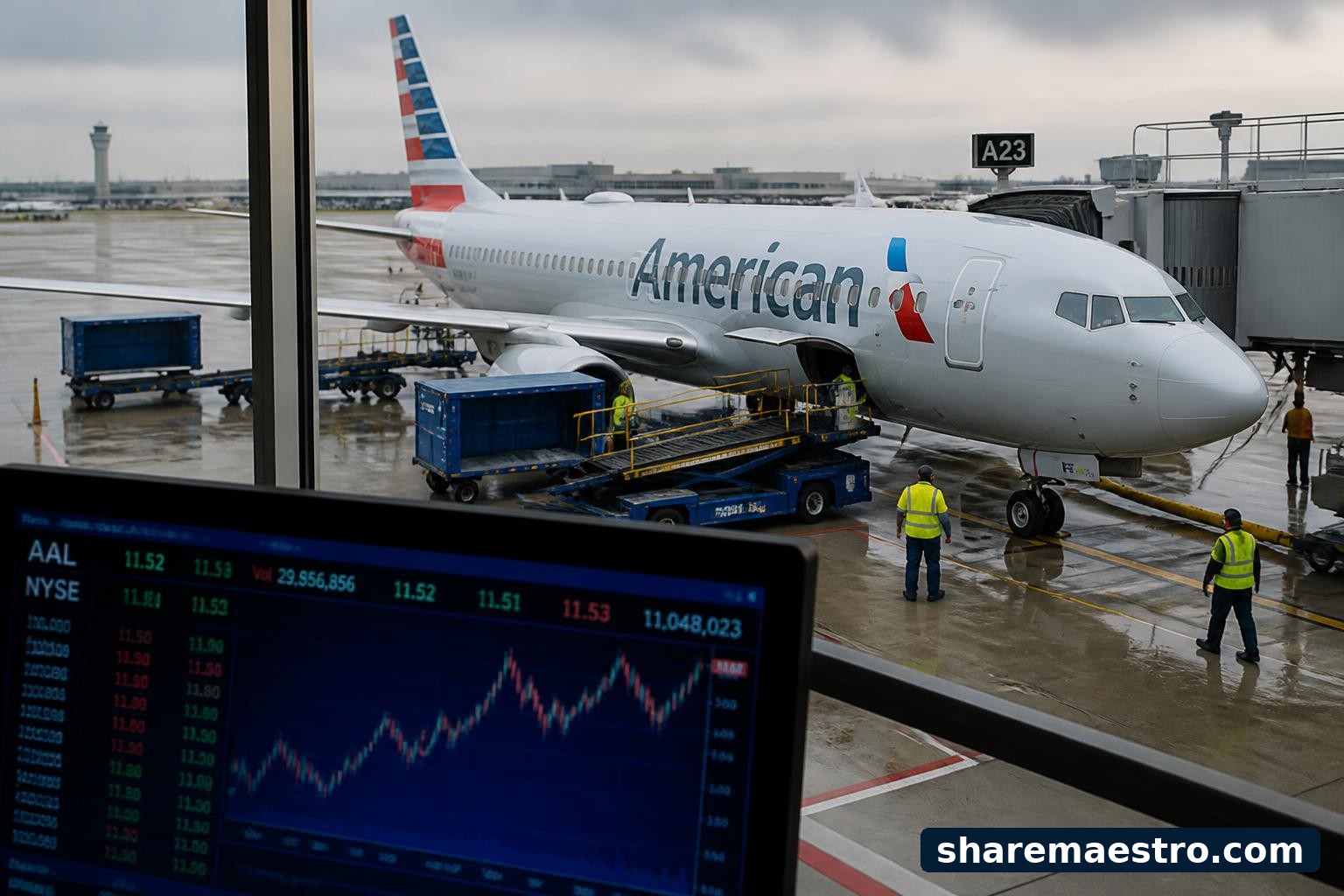 American Airlines jet at an airport gate with market data shown on a terminal screen.