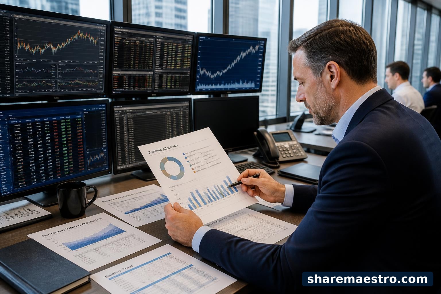 Financial adviser reviewing portfolio and retirement planning documents in an asset-management office.