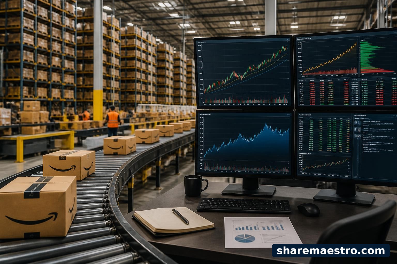 Amazon fulfillment and market-data screens representing AMZN insider activity and weekly stock context.