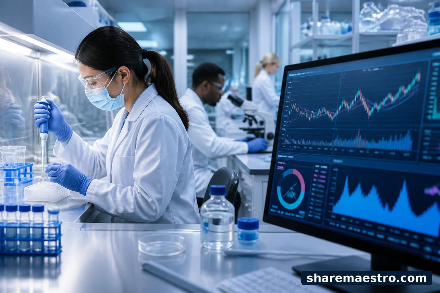 Biotechnology lab and market data terminal representing Apogee Therapeutics shares in active trading.