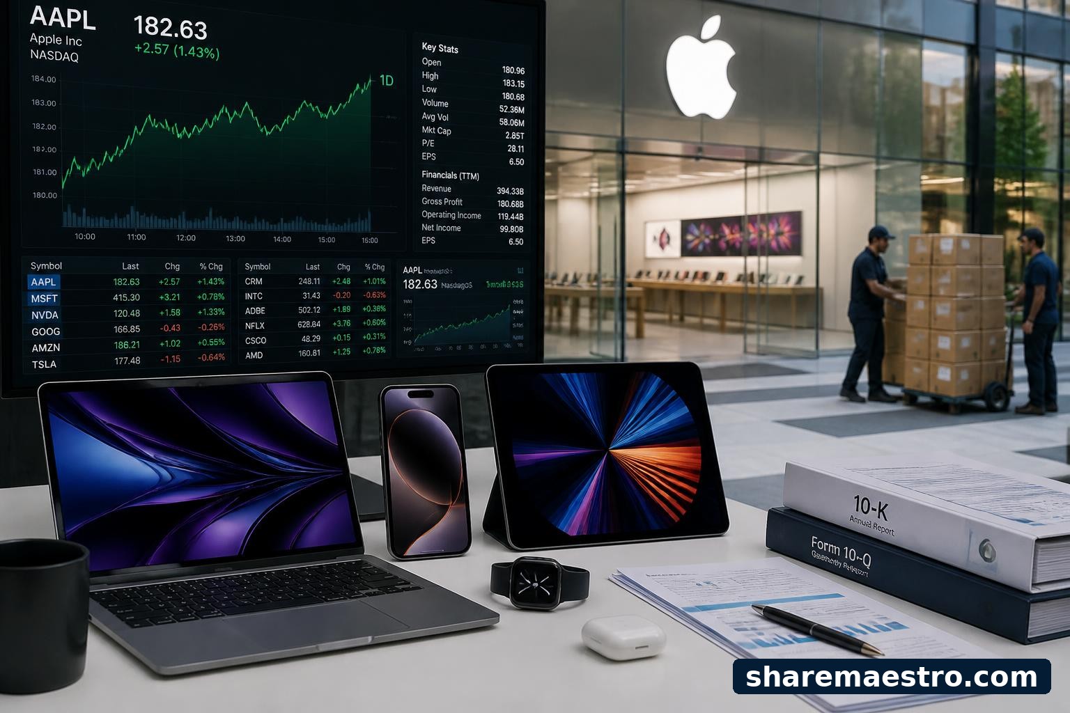Apple consumer electronics beside market-data screens and corporate filing documents.