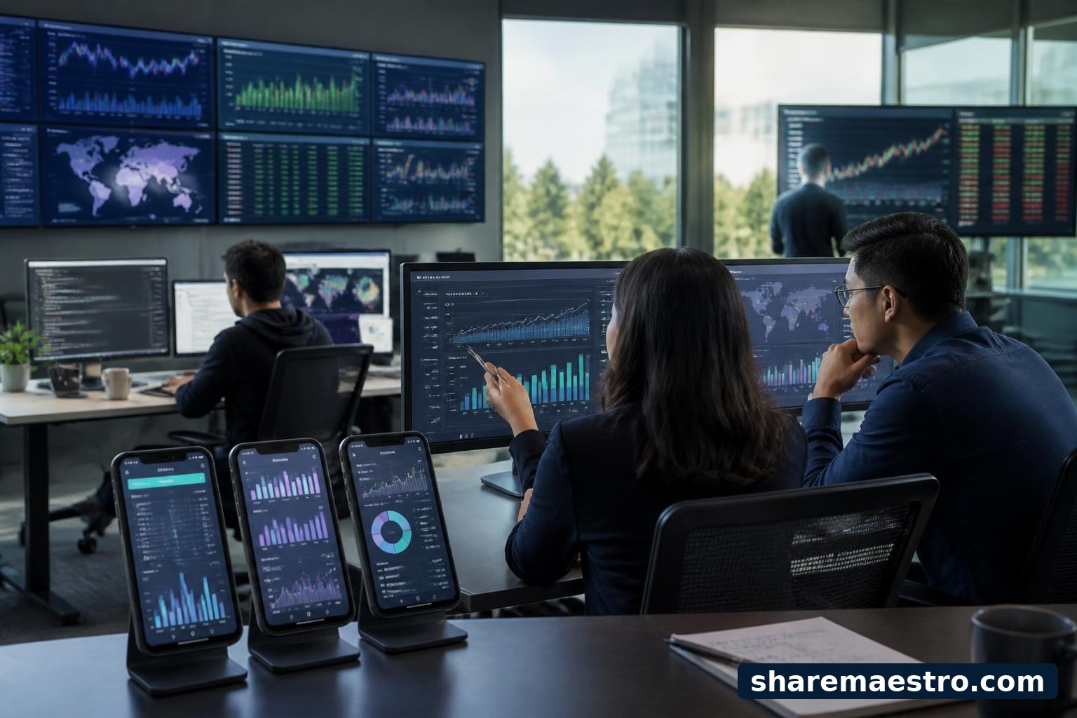 Mobile app advertising analysts review campaign performance and market data at a professional desk.
