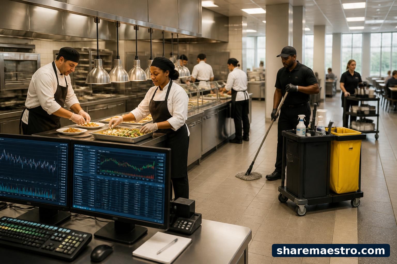 Institutional food-service and facilities workers with financial market data in the foreground.