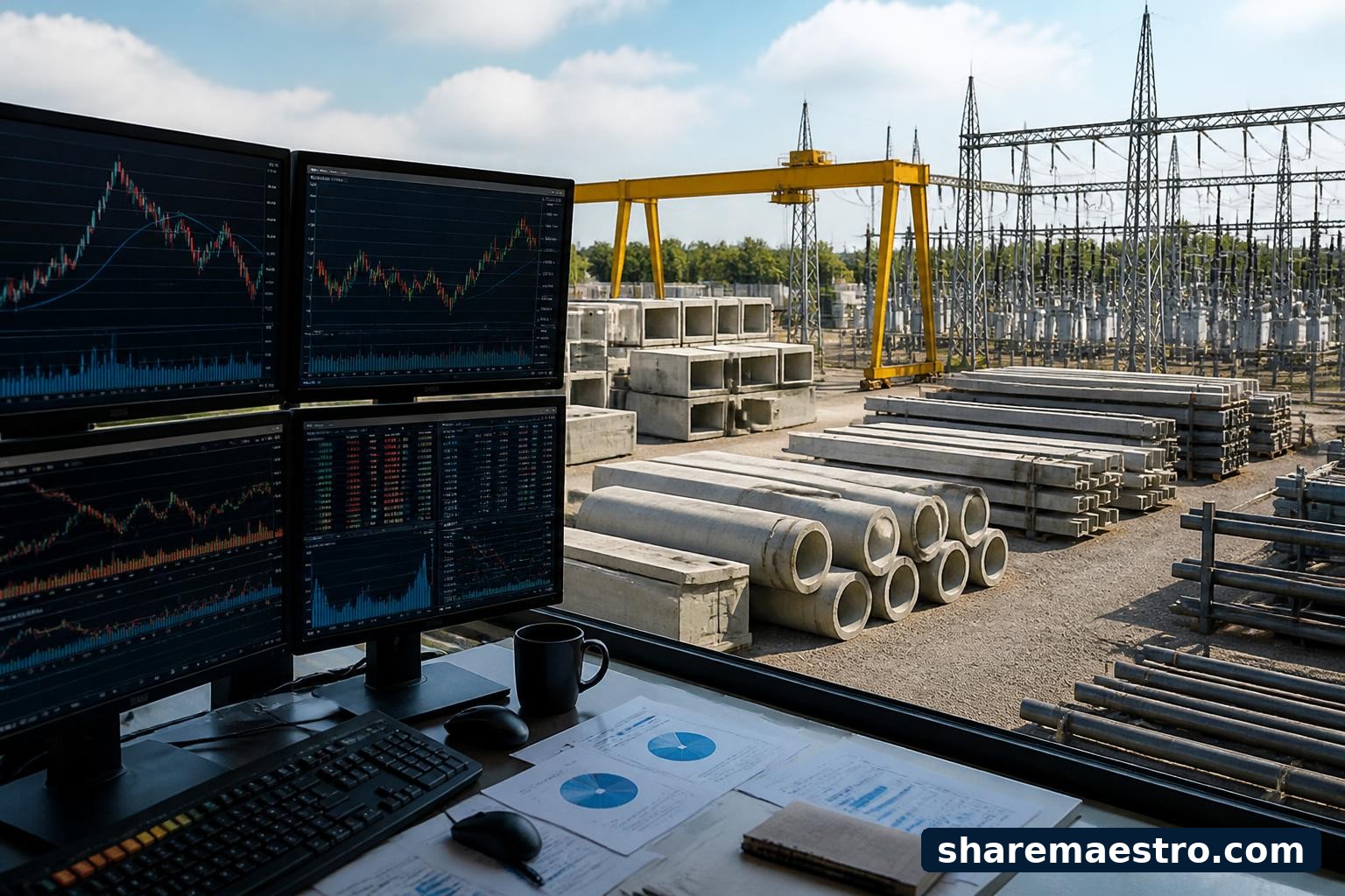 Industrial infrastructure components and a financial terminal representing Arcosa earnings watch.