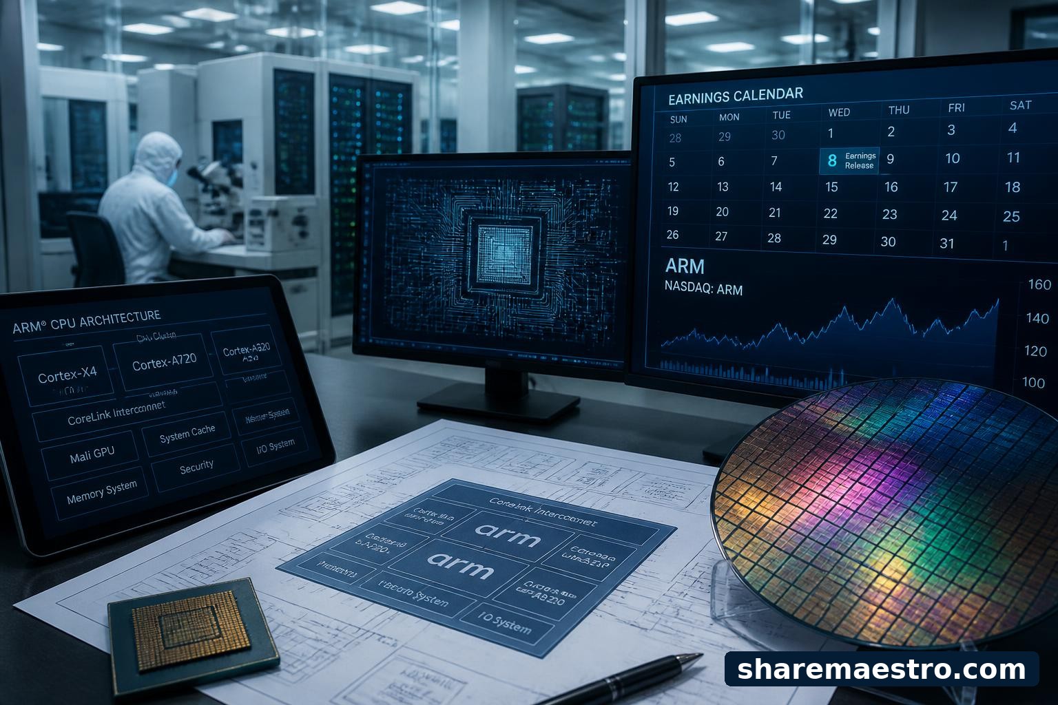 Semiconductor chip architecture workspace with CPU diagrams and an earnings calendar display.
