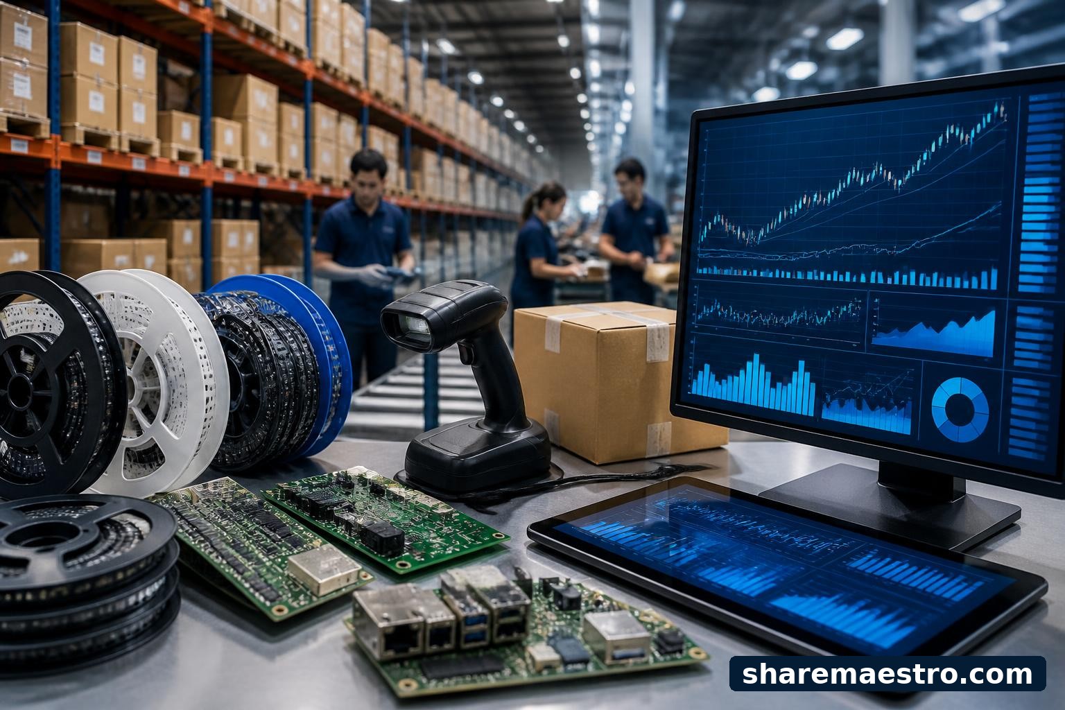 Electronic components and warehouse inventory equipment representing Arrow Electronics' distribution business.