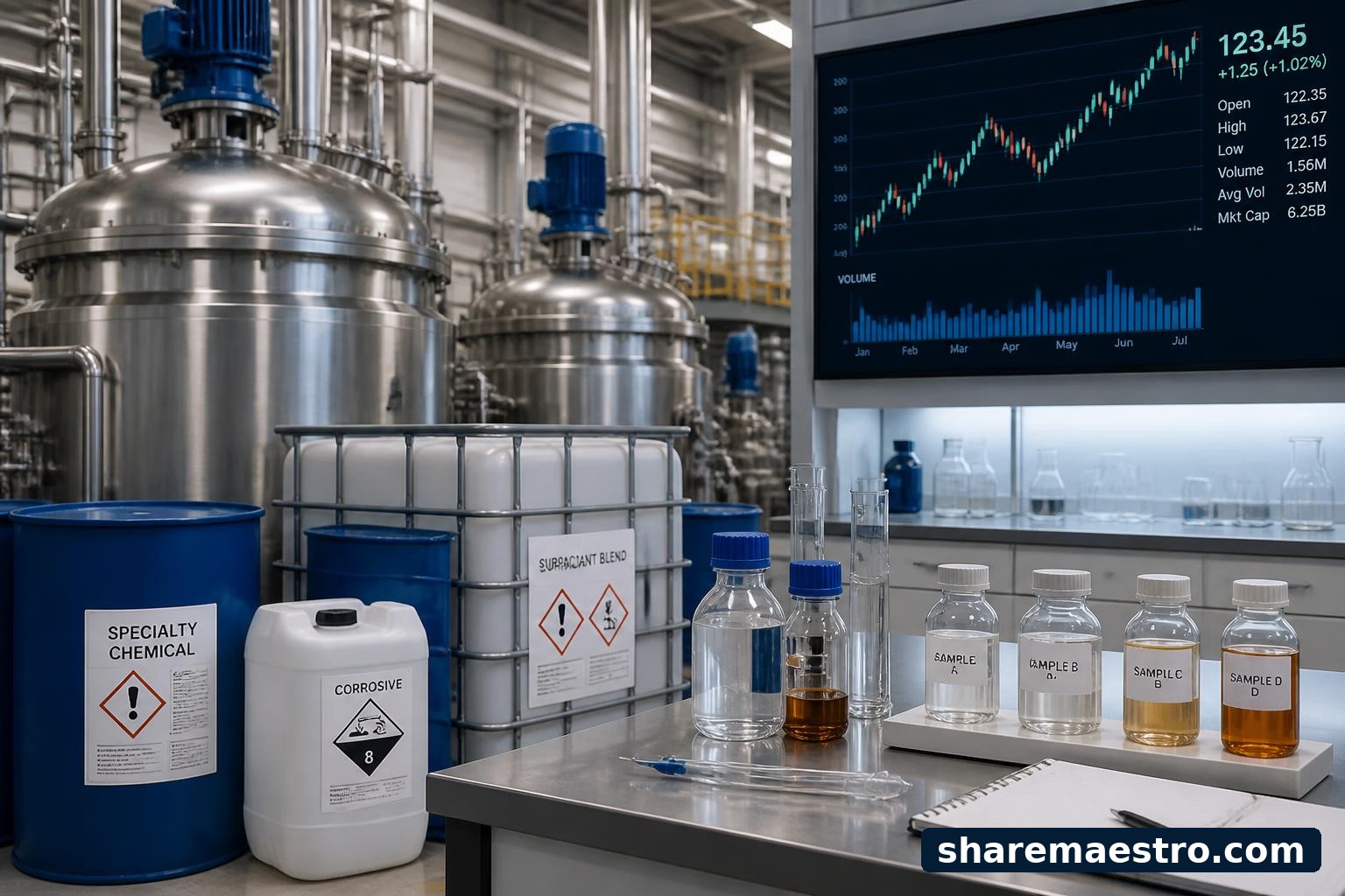 Specialty chemicals production and lab setting with market-data screens for Ashland Global Holdings.