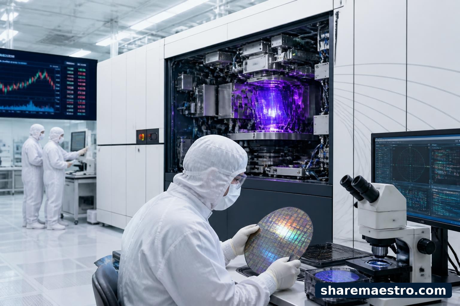 ASML semiconductor lithography equipment in a cleanroom with market data displayed nearby.