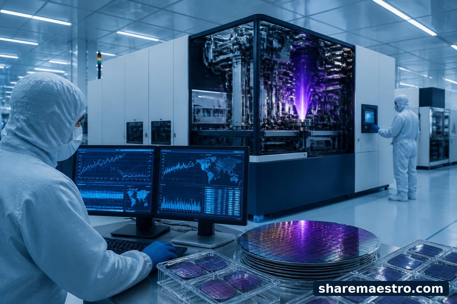 ASML semiconductor lithography equipment in a cleanroom with market data screens.