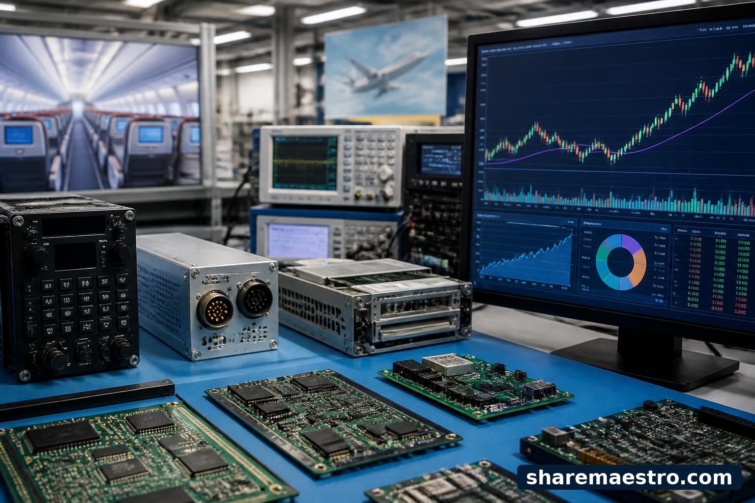 Aerospace electronics components and market data screens representing Astronics earnings watch.