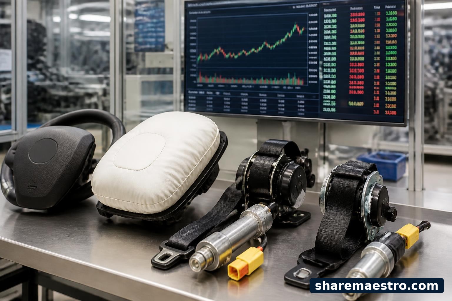 Automotive safety components on an assembly bench with market data screens in the background.