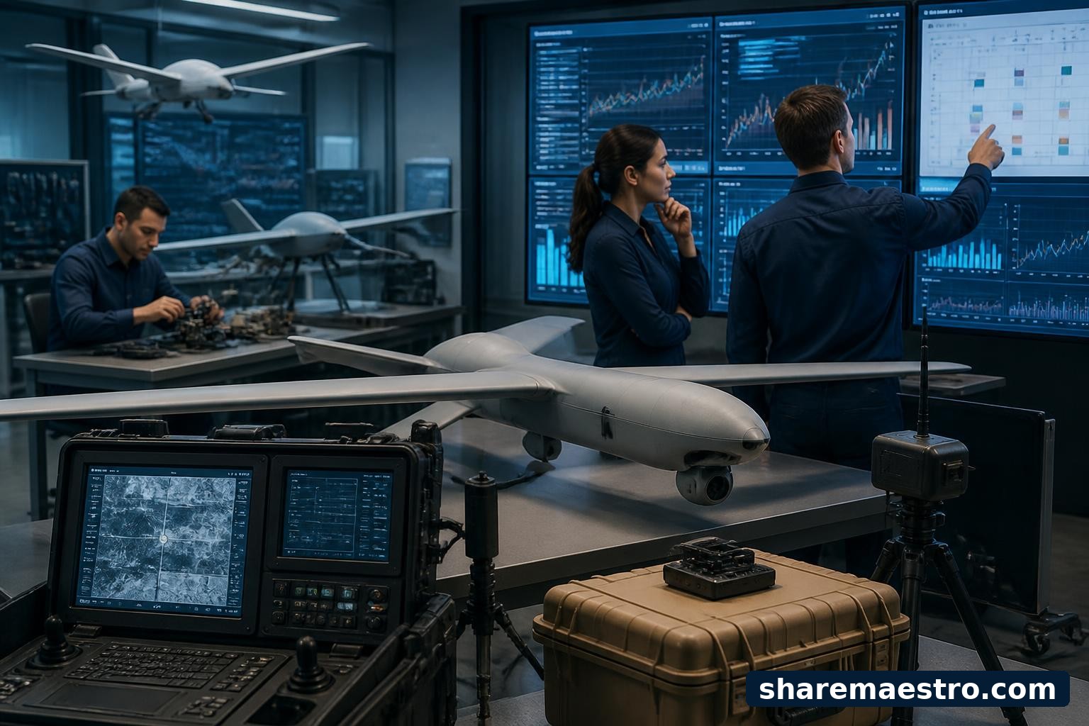 Unmanned aerial systems and defense technology equipment with market data screens in an aerospace engineering setting.