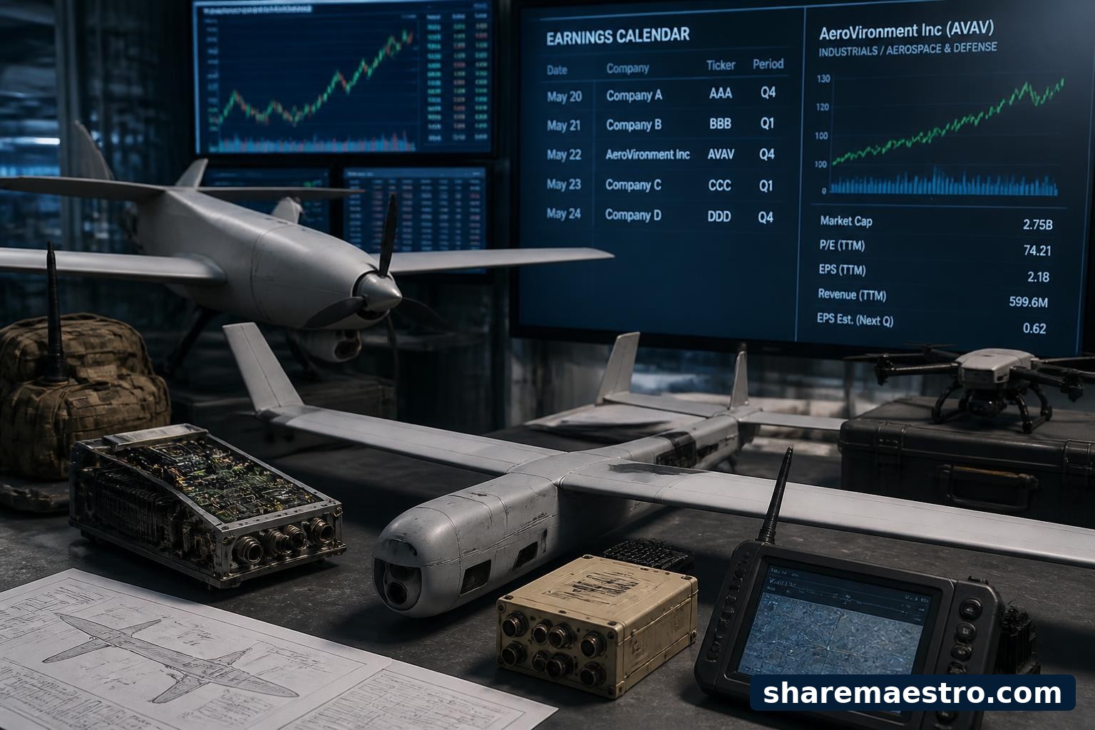 Small unmanned aerial vehicles and defense electronics beside a market data terminal and earnings calendar.