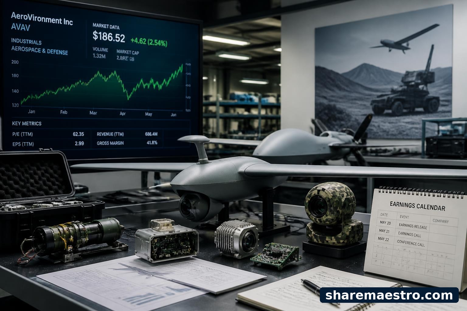 AeroVironment defense drone components beside market data and an earnings calendar.