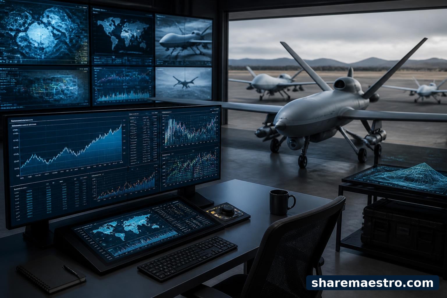 Finance terminal with unmanned surveillance aircraft and defense intelligence screens representing AEVEX Corp.'s aerospace and defense business.