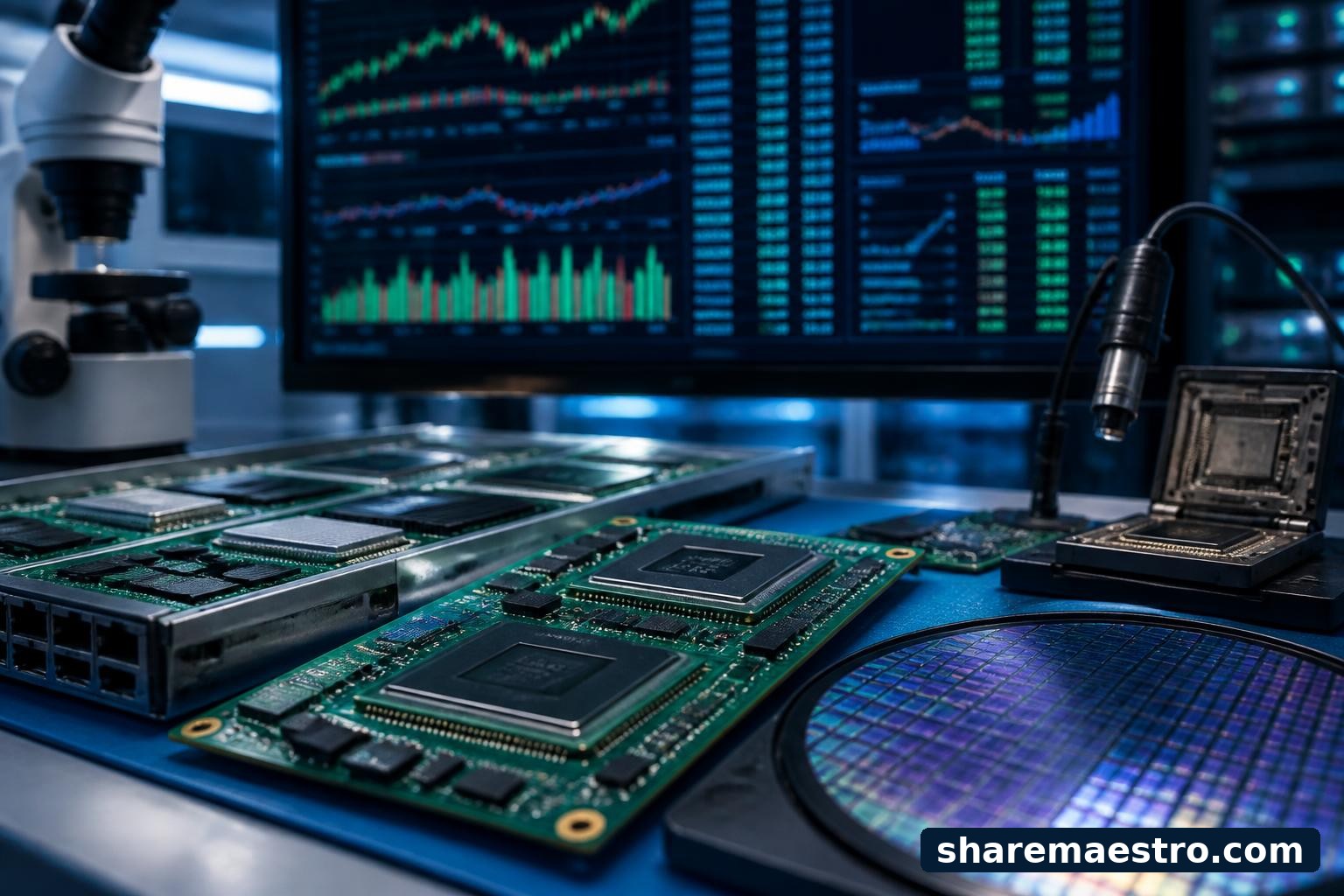 Broadcom semiconductor chips on circuit boards beside a market-data terminal.
