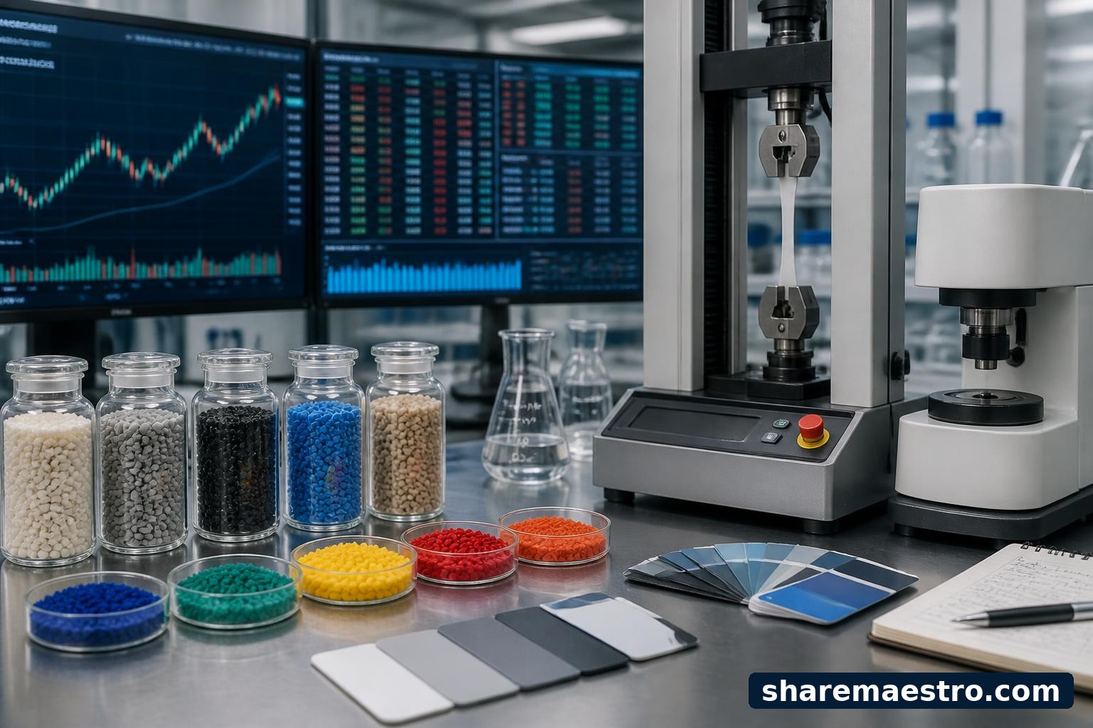 Specialty polymer materials and testing equipment with a market-data terminal in the background.