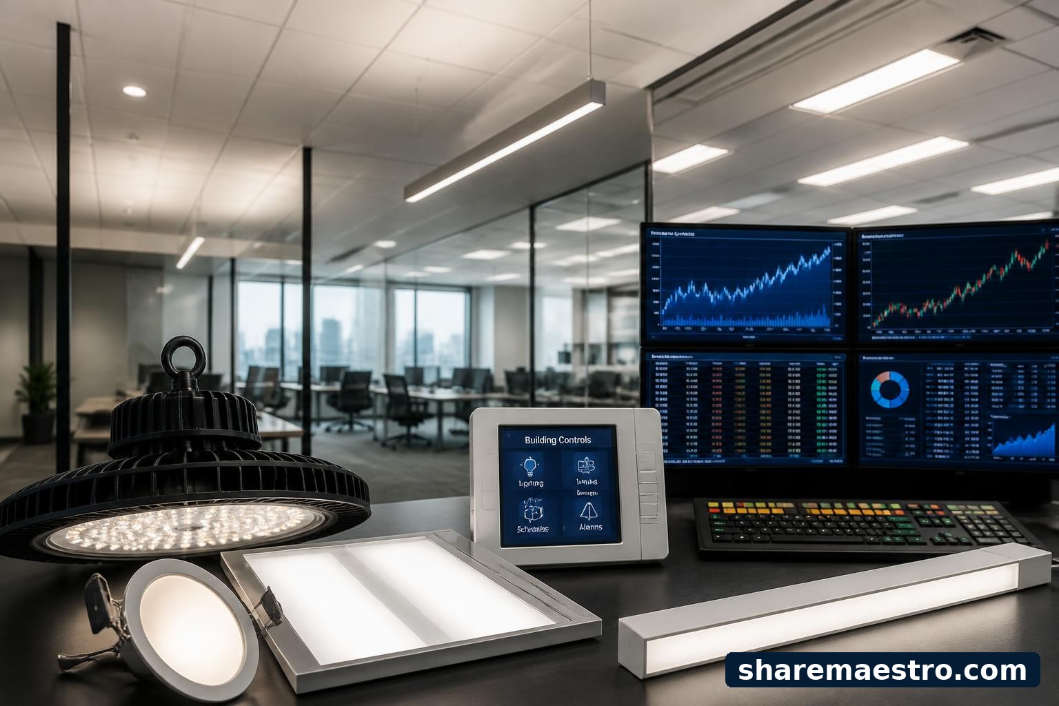 Commercial lighting and building controls with market data screens representing Acuity Brands earnings watch.