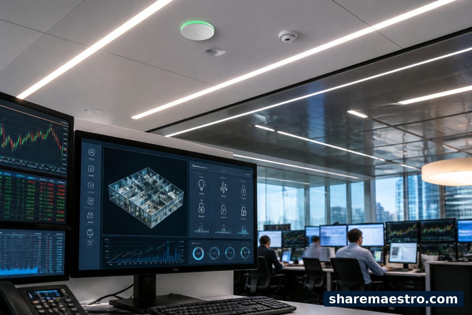 Commercial LED lighting and building-management controls shown with a market-data workstation.